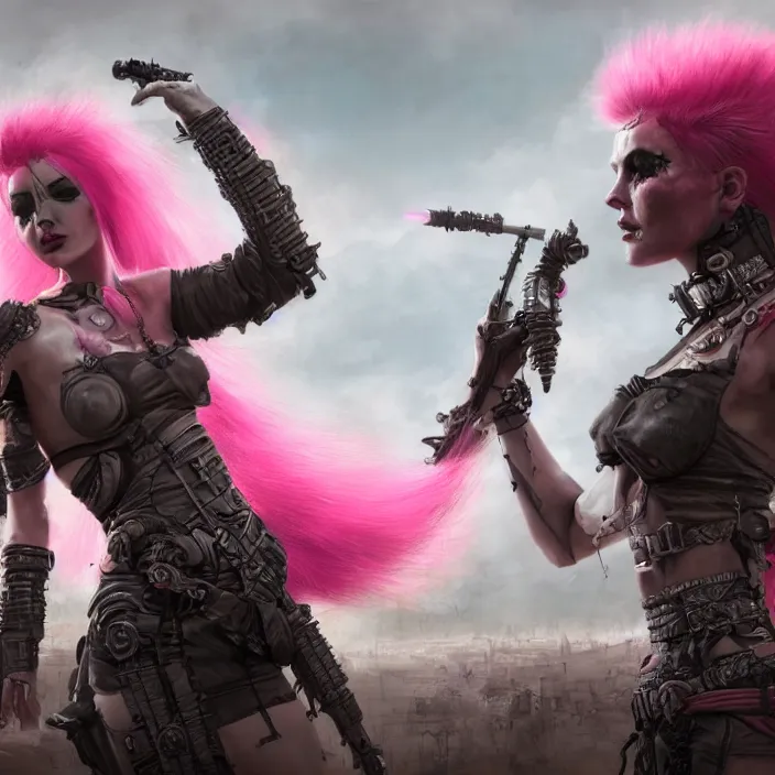 Image similar to beautiful apocalyptic woman with pink Mohawk, standing on mad max panzer tank, 4k ultra hd, fantasy dark art, tank girl, artgerm, artstation, octane render, elegant, detailed digital painting