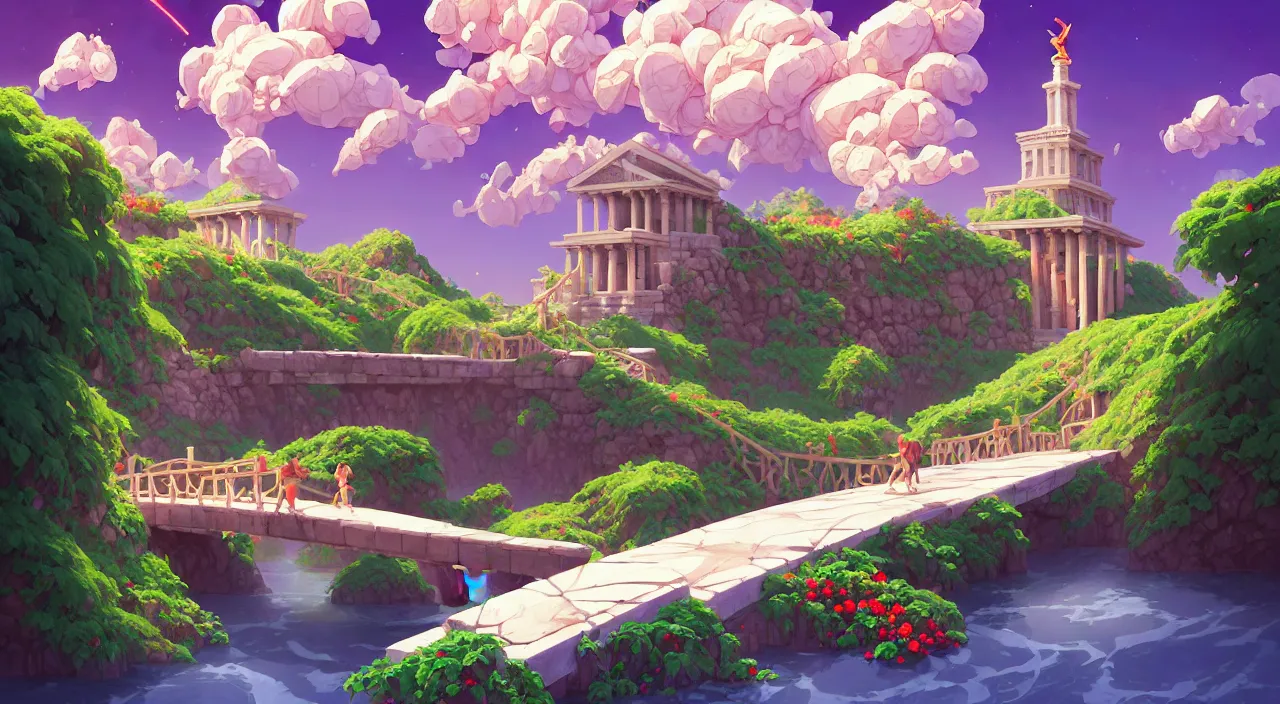 Image similar to little wood bridge painting of atlantis zeus statue and hill valley grec temple of olympus glory tower ivy plant grow flower multicolor rose, in marble incrusted of legends heartstone official fanart behance hd by jesper ejsing, by rhads, makoto shinkai and lois van baarle, ilya kuvshinov, rossdraws global illumination
