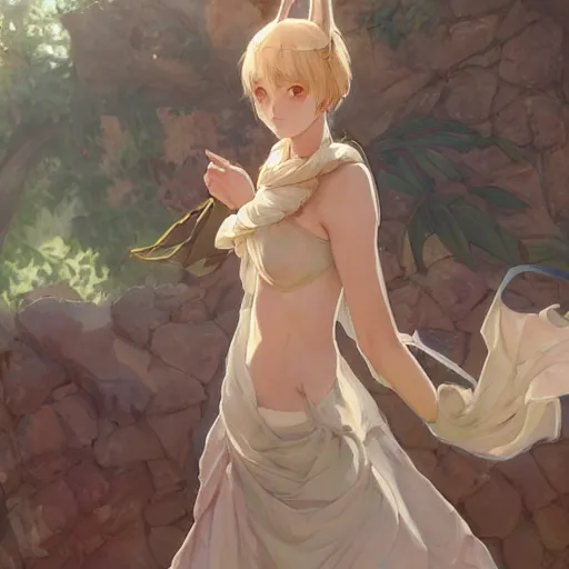 Image similar to a digital art of humanoid cute caracal in toga, ancient greek city, sunny day, by krenz cushart and mucha and akihito yoshida and greg rutkowski and makoto shinkai, long shot, back lighting, detailed eyes, 4 k resolution, trending on art station