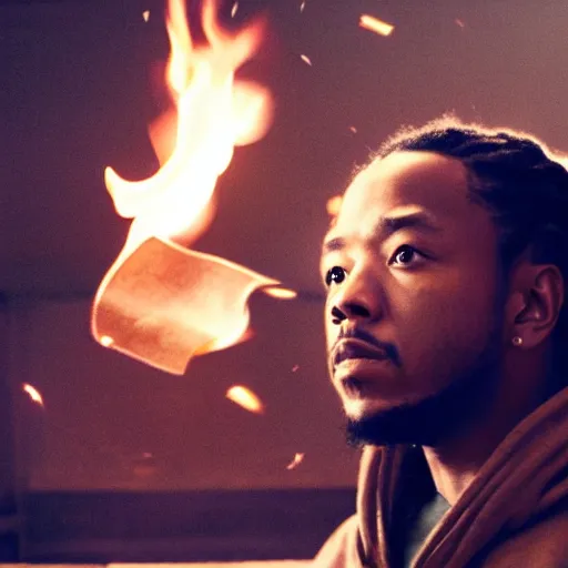 Image similar to cinematic film still of Kendrick Lamar starring as a Japanese Sensei with fire, Japanese CGI, VFX, 2003, 40mm lens, shallow depth of field, film photography