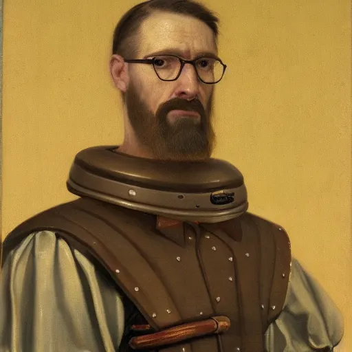 Image similar to dutch golden age painting portrait of gordon freeman wearing a hev suit, very detailed, very intricate, 8 k,