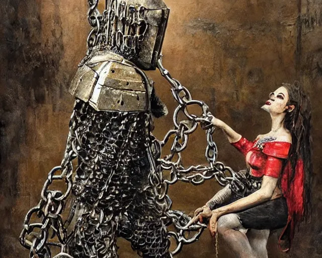 Image similar to [ 1 6 k realism ] a mettallic knight covered in chains in a dirty filthy basement, the knight is being tortured by a skinny princess made of teeth