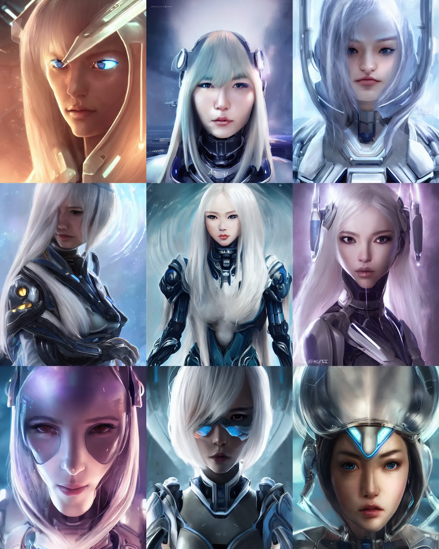 Prompt: detailed portrait of perfect android girl, warframe armor, beautiful face, scifi, futuristic, space station, laboratory, song hye - kyo, dreamy, long white hair, blue cyborg eyes, cinematic lighting, innocent, highly detailed, sharp focus, smooth, artstation, intricate, award winning, pure aura, utopia, by akihiko yoshida