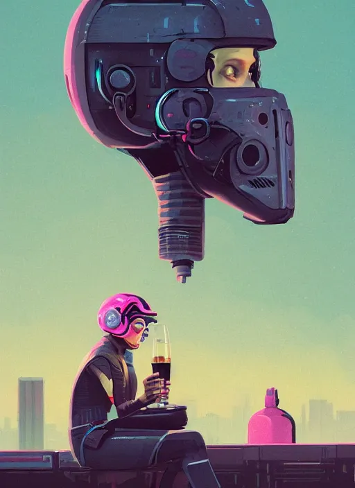 Prompt: a woman wearing a helmet drinking a drink, cyberpunk art by simon stalenhag, cgsociety, panfuturism, dystopian art, sci - fi, artstation hq