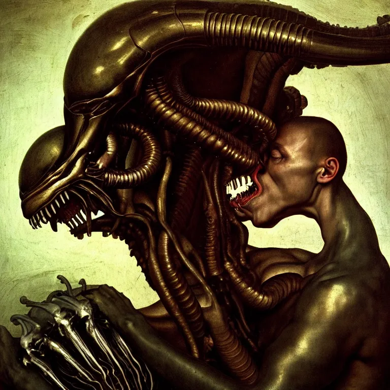 Image similar to portrait of a beautiful man kissing xenomorph by hieronymus bosch, soft bloom lucid dream - like ethereal dark atmosphere, baroque portrait painting, perfect composition, intricate detailed octane render trending on artstation, 8 k artistic photography, volumetric cinematic perfect light, chiaroscuro, masterpiece, raphael, caravaggio, rutkowski, beeple, beksinski