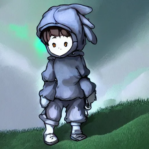 Image similar to little boy wearing sheep suit. white, gray, blue, green and brown pallet color. made in abyss art style, inspired in kris from deltarrune, cute detailed artwork