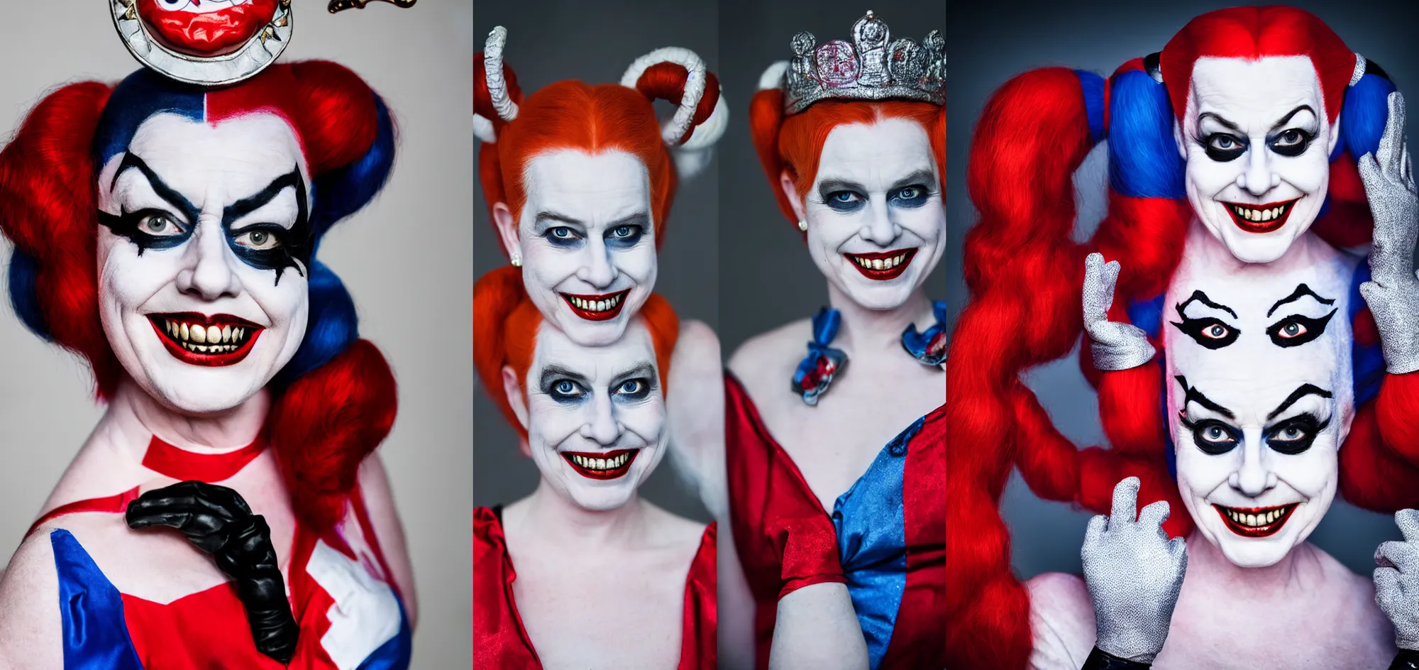 Image similar to Queen Elizabeth dressed as Harley Quinn, professional portrait photo, 80 mm lens