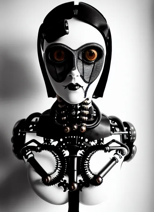 Prompt: 1 9 3 0 black and white gothic masterpiece profile face portrait, one steampunk eye biomechanical beautiful young female cyborg - robot, body meshes, big monocular, volumetric light, hibiscus flowers, by hg giger, rim light, big gothic fashion pearl embroidered collar, 8 k