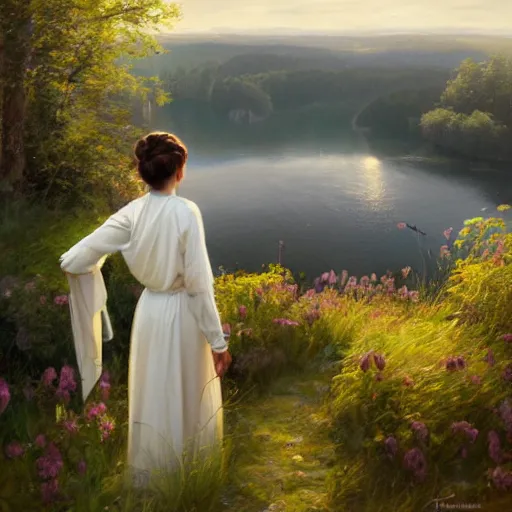 Prompt: Princess Leia, Swedish countryside, landscape view, archipelago, painting by Vladimir Volegov, wlop, artstation