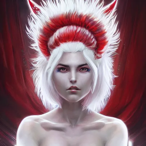 Image similar to ultra realistic illustration, dream humanoid demon girl with white hair, red horns, in white clothes, red eyes, intricate, elegant, highly detailed, digital painting, artstation, concept art, smooth, sharp focus, illustration, art by artgerm and greg rutkowski and alphonse mucha