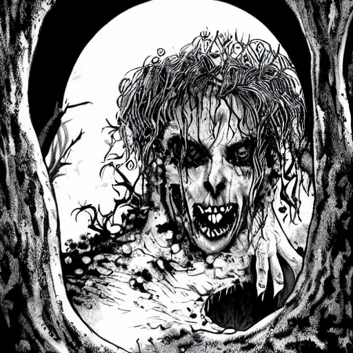 Image similar to b & w horror comic art of a vampire emerging from a hole beneath a tree
