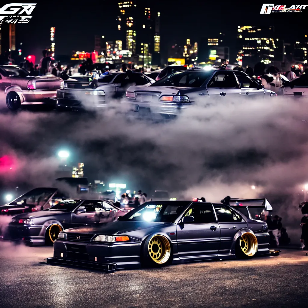 Image similar to a car JZX100 twin turbo drift at illegal car meet, Shibuya prefecture, city midnight mist lights, cinematic lighting, photorealistic, highly detailed wheels, high detail