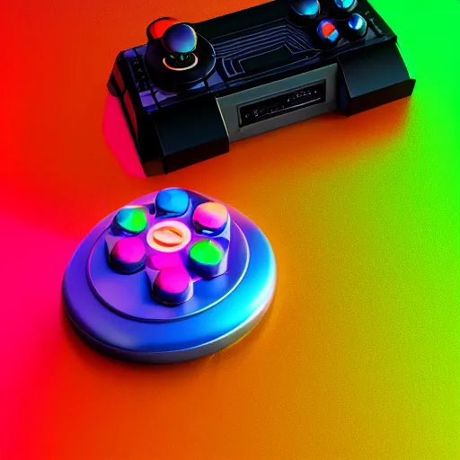 Image similar to product shot render for atari joystick, 8 k render, cinema 4 d, synthwave, retrowave color backdrop, depth of focus, glossy