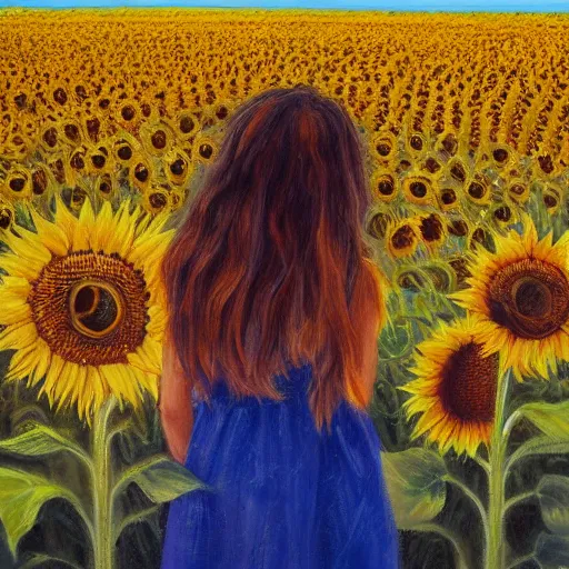 Image similar to a girl in amazing tall sunflower field, her hair flowing down, subtle, intricate details, real masterpiece, surreal, oil on canvas, by somsak anong