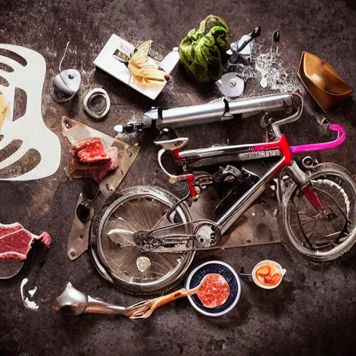 Prompt: meat cycle chimera, beef bike norco, flesh bicycle cannondale, glisten, oily, dripping, mechanical, professional food photography, high gloss magazine spread,