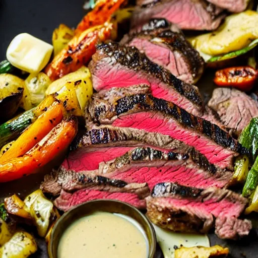 Image similar to delicious 3 2 mm zoomed in adversities photography of a large seared and smoked and seasoned steak well done, with a side seasoned grilled vegetables top in a creamy mozzarella cheese sauce, on a hot platter, very delicious