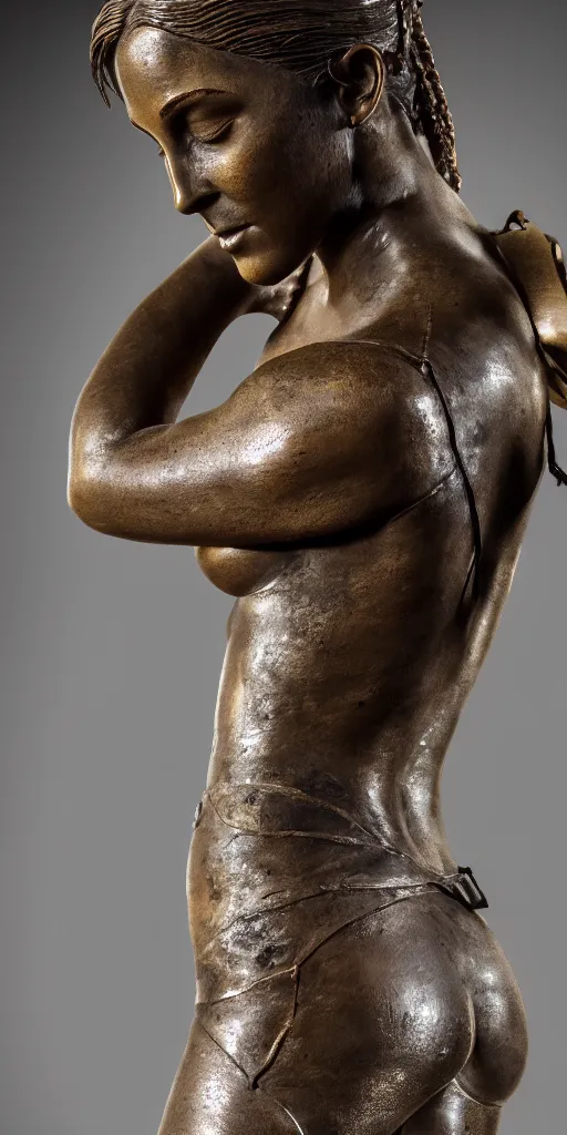 Image similar to detailed photo of an old bronze patina statue of a beautiful lara croft posing for a portrait, intricate detail, museum diffuse lighting