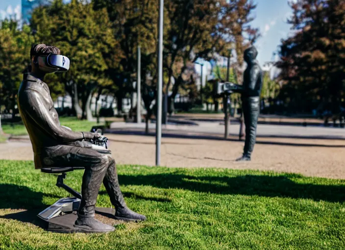 Image similar to photo still of a bronze statue of a man gaming in vr in a park on a bright sunny day, 8 k 8 5 mm f 1 6