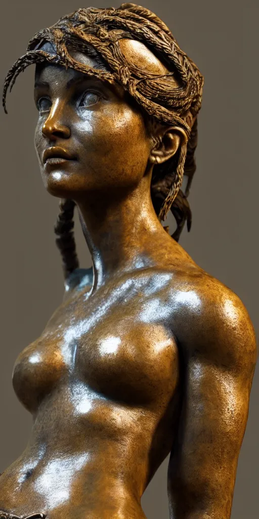 Prompt: detailed photo of an old bronze patina statue of a beautiful lara croft posing for a full body portrait, photorealism, intricate detail, museum diffuse lighting