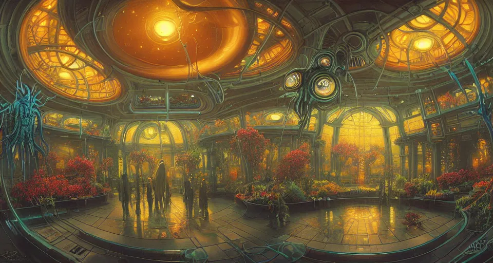 Image similar to fish eye lens a bright minimalist bioluminescent oil painting by donato giancola, warm coloured, cinematic scifi luxurious futuristic foggy steam filled victorian garden mall interior with microscopy radial windows flowers growing out of pretty bulbous ceramic fountains, gigantic pillars and flowers, maschinen krieger, beeple, star trek, star wars, ilm, atmospheric perspective