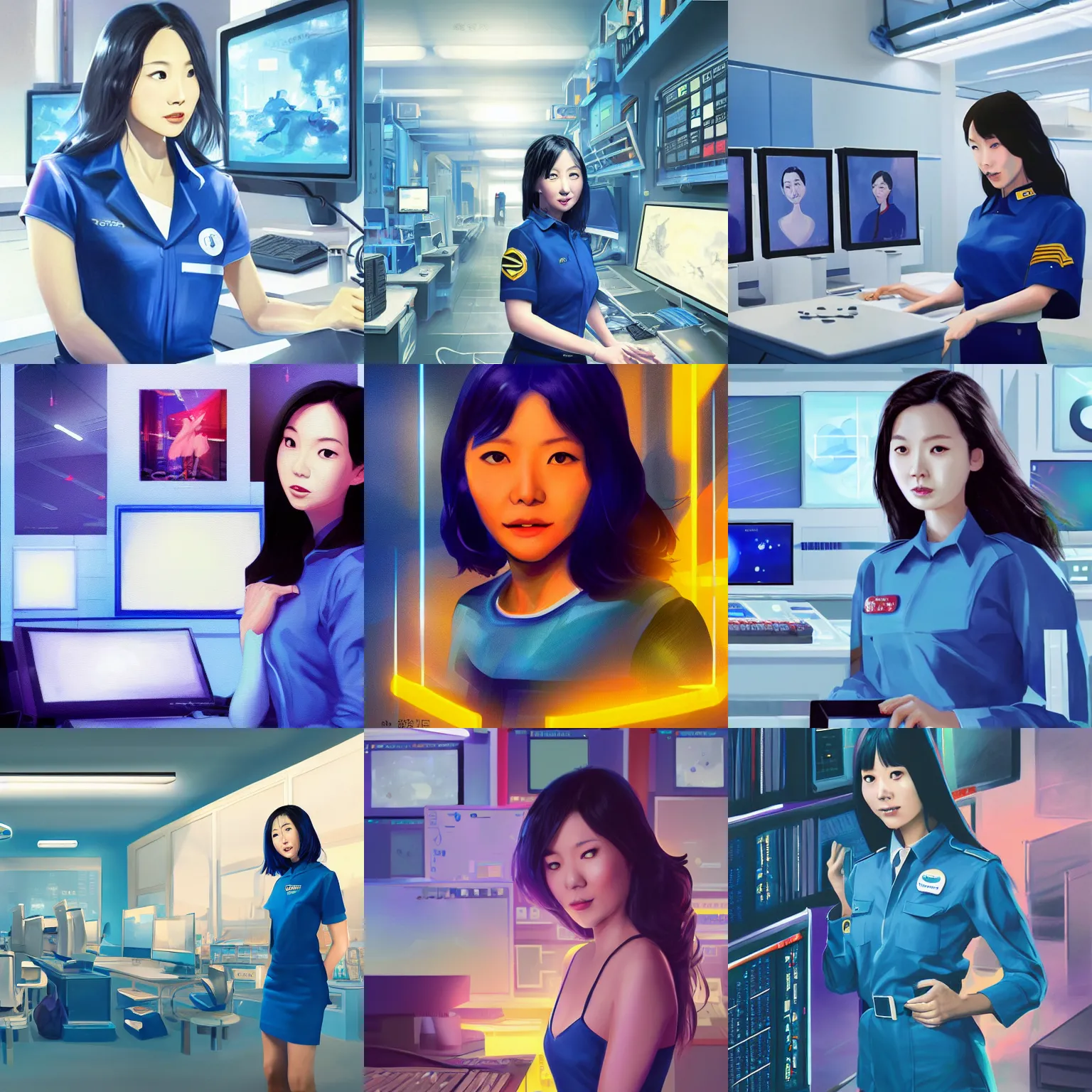 Prompt: a painting of Linda Park in a blue uniform in front of computer terminals, a character concept by WLOP, cg society contest winner, sci-fi art, reimagined by industrial light, poster art, concert poster