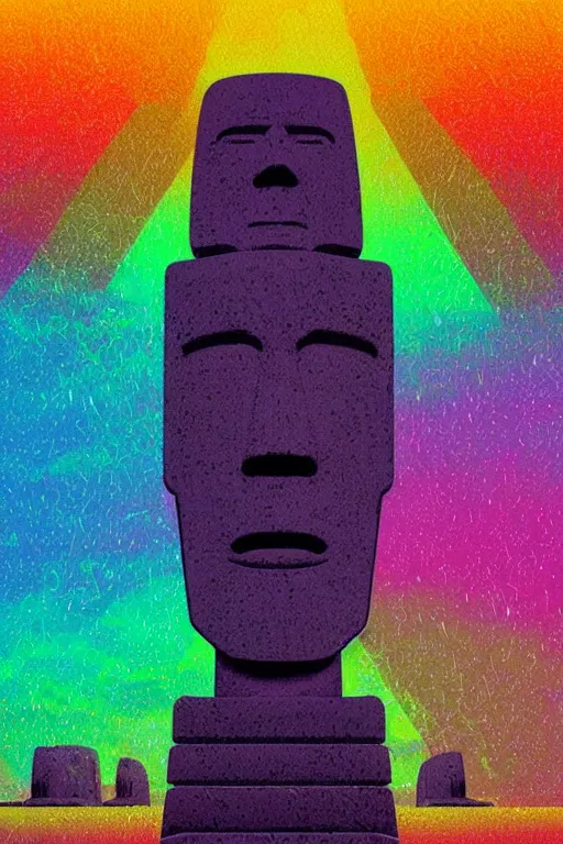 Prompt: synthwave geometric moai statue digital illustration cartoon colorful beeple, by thomas kinkade clean sunshine rays thunderstorm