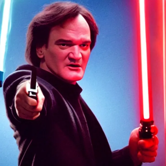 Prompt: quentin tarantino giving his thumbs up with his left hand, and raising a lightsaber with his right hand. red background. cinematic trailer format.