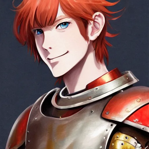 Image similar to portrait of a young redheaded boy with blue eyes and wearing armor, medieval background, highly detailed, digital painting, artstation, matte, by makoto shinkai, animation style, studio ghibli, anime key visual