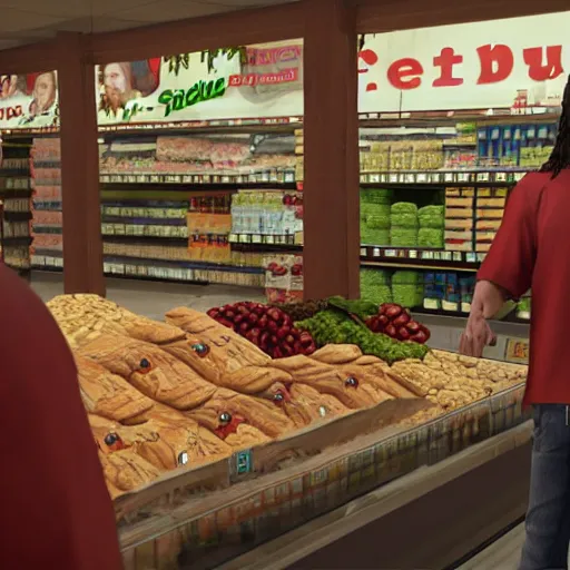 Image similar to mid shot of an realistic jesus buying groceries at the store, shot by amanda carlson and alex strelkovv, professional photo, masterpiece, very detailed, hyper - realistic, unreal engine, straight face, cinematic, 4 k