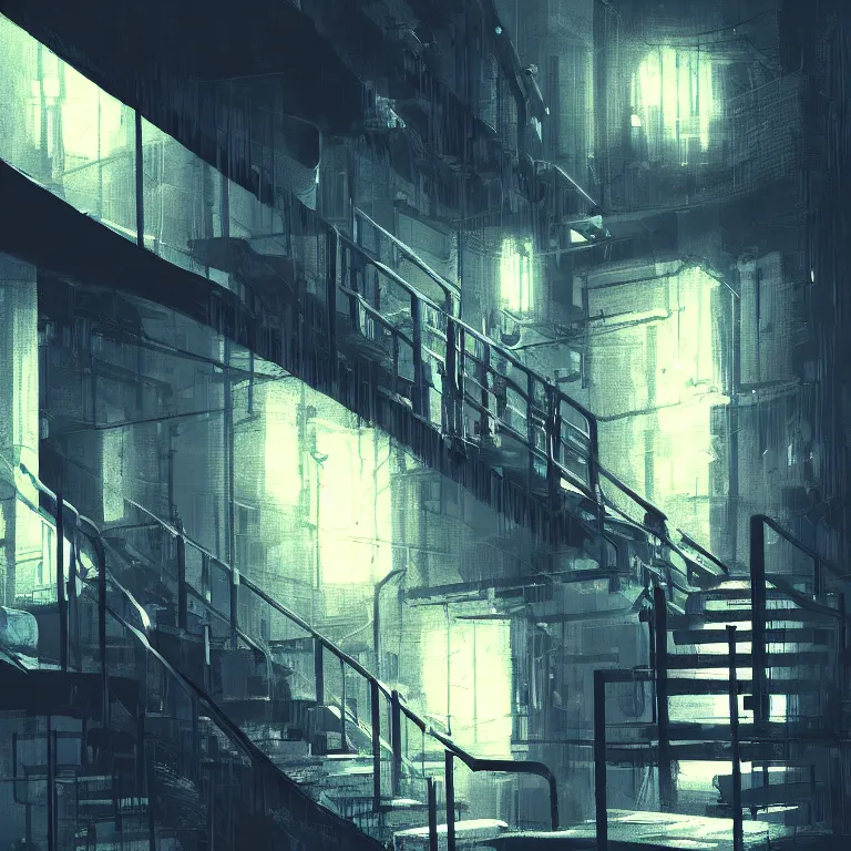 Image similar to down a basement staircase neon lights cyberpunk style digital painting concept art smooth sharp focus hyperrealistic illustration artstati