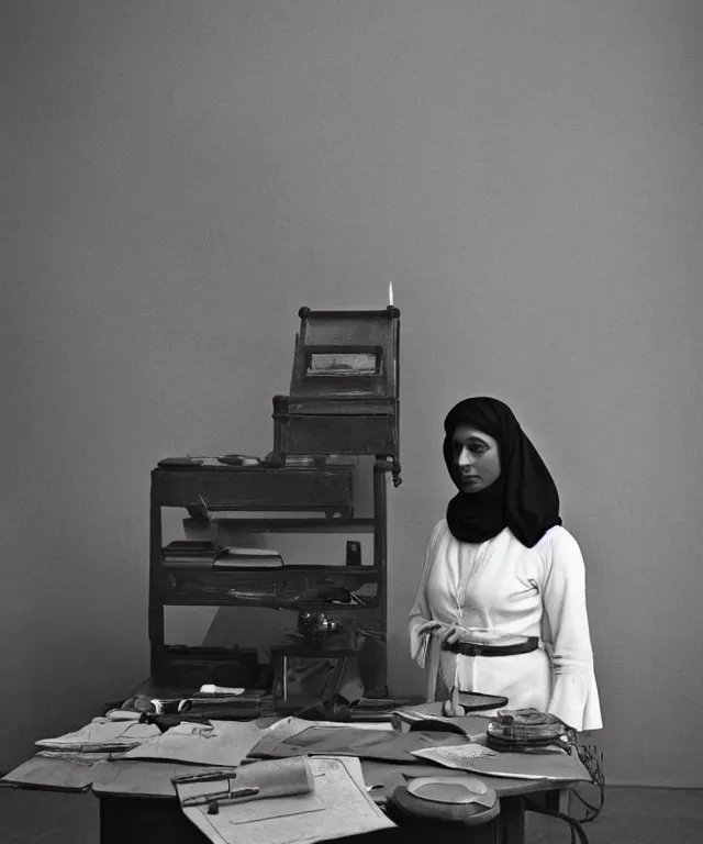 Prompt: a color photograph of persian woman in her workplace, by carrie mae weems, out of place, intense, bold, exaggerated, over proportion, hyperrealistic, ultra sharp, extra details, ultra high quality, trending on pinteresst