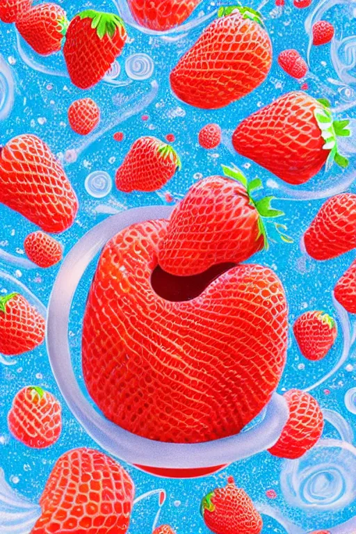 Prompt: a hyperdetailed exquisite delicate spiral strawberries fight with floating milk fluid scene, plane illustration, poster, james jean, milk cubes, strawberry granules, top milk brands, 4 k hd wallpaper illustration, package cover