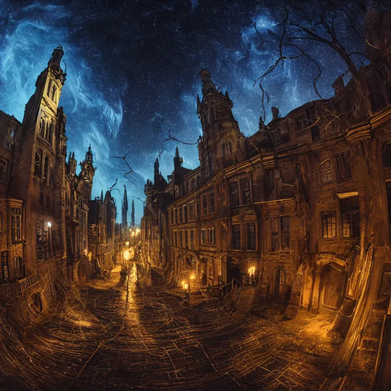 Image similar to An 18th century (lovecraftian) gothic city at night with a star filled sky. Greasy luminescent cables are emerging from cracks on the ground. Low angle shot, super wide shot, fish eye, 4k.