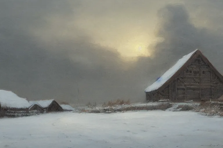 Image similar to Longhouse, snowy plains, cliffs to a lower bay history painting, morning light, Archaic viking blizzard, artstation, oil on canvas, by Albert Aublet, Private Collection