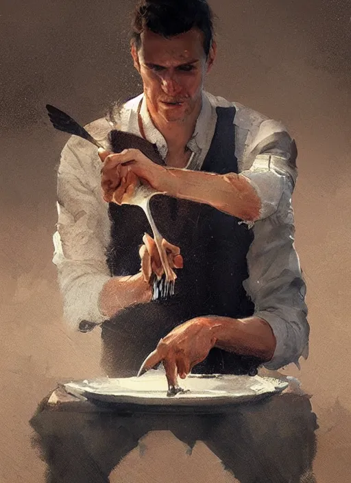 Prompt: last drop of water on the plate, a man holding fork and knife on ot, by greg rutkowski, trending on artstation, masterpiece