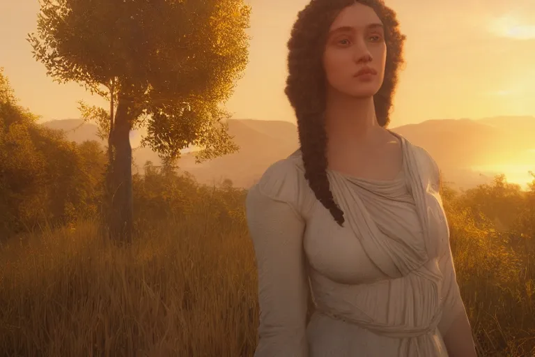 Image similar to beautiful portrait of a female that resembles afrodite, Portrait, Golden Hour, Rays of Shimmering Light, Natural Lighting, Artstation, by Caspar David Friedrich, by Pre-Raphaelite Brotherhood, Unreal Engine