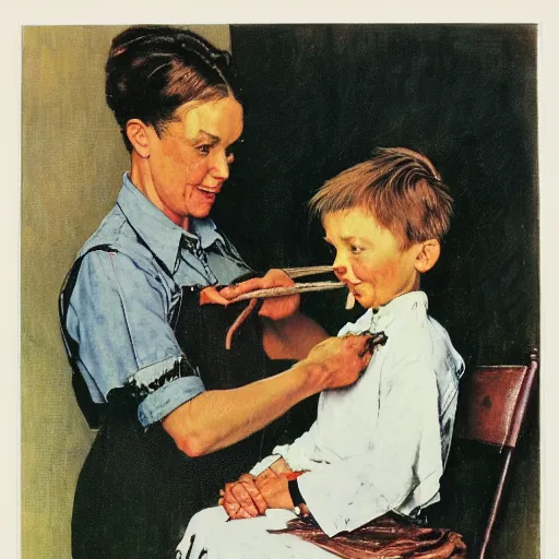 Prompt: A proud mother cutting her son's hair artwork by Norman Rockwell