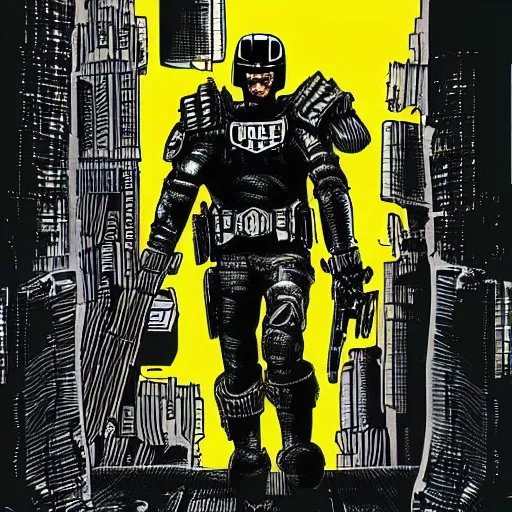 Prompt: judge dredd, megacity one police officer, crosshatch gritty cyberpunk run down city