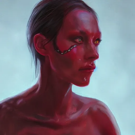 Prompt: a portrait of an intensely lit scolopendra girl modeling, red, oil painting, pale colors, high detail, 8 k, wide angle, trending on artstation,