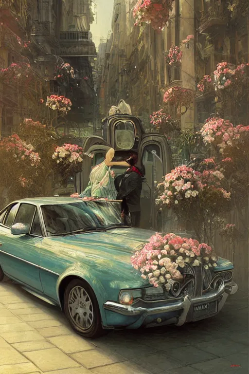 Image similar to ultra realistic illustration, old vintage car in the city with flowers blooming out the window, elegant, highly detailed, digital painting, concept art, smooth, sharp focus, illustration, art by greg rutkowski and alphonse mucha