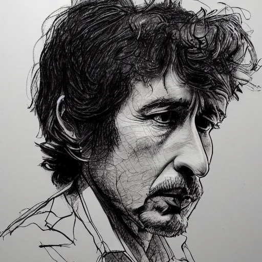 Image similar to a realistic yet scraggly portrait sketch of the side profile of a stern and sophisticated bob dylan, trending on artstation, intricate details, in the style of frank auerbach, in the style of sergio aragones, in the style of martin ansin, in the style of david aja, in the style of mattias adolfsson