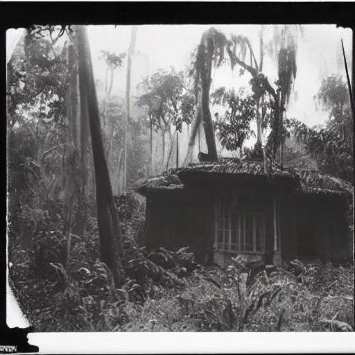 Image similar to an ancient evil-girl devouring the souls of the human kind on a mysterious Colombian jungle, mist, abandoned house, 1910 polaroid photography, grainy film, Black and white