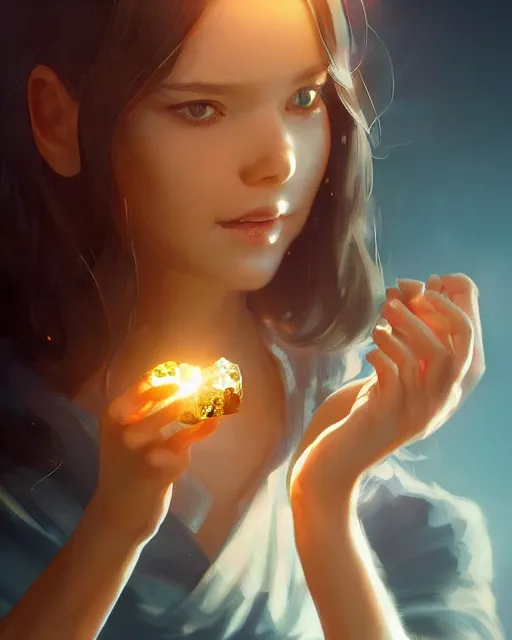 Prompt: a detailed image of an attractive!!!! girl holding a crystal containing all of reality, by greg rutkowski artgerm ross tran ilya kuvshinov. 7 0 mm, volumetric lighting, digital art, subtle and detailed