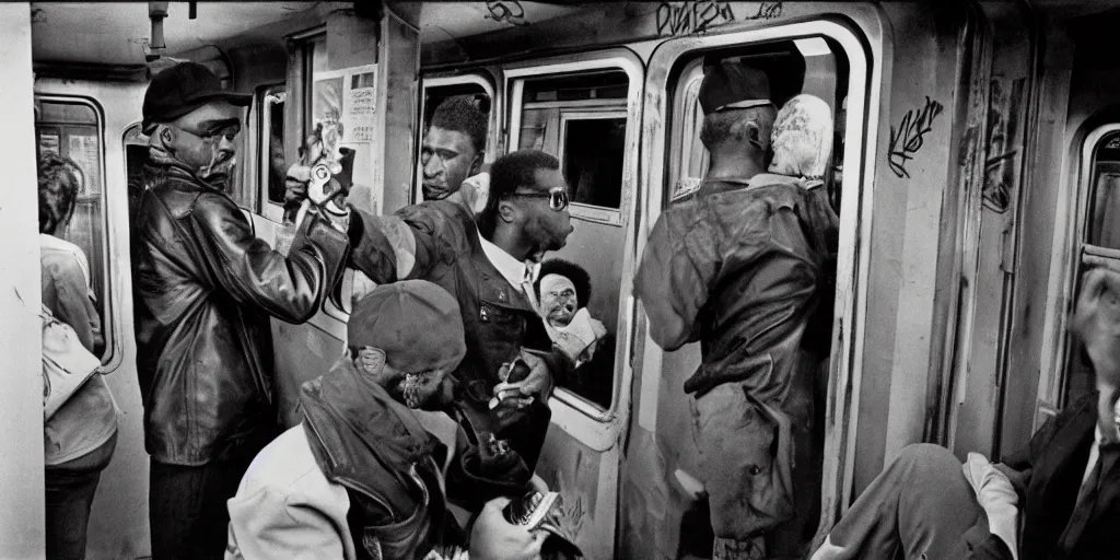 Image similar to new york subway cabin 1 9 8 0 s inside all in graffiti, black guy threatens another black guy with a gun, coloured film photography, christopher morris photography, bruce davidson photography