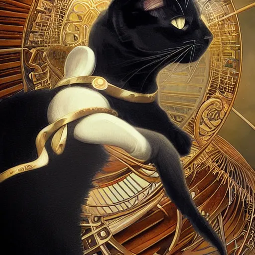 Image similar to beautiful black cat sitting on the deck of a fantasy ship, naval background, portrait, elegant, intricate, digital painting, artstation, concept art, smooth, sharp focus, illustration, art by artgerm and greg rutkowski and alphonse mucha