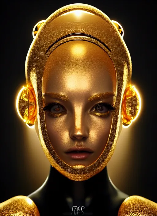 Prompt: portrait of an absurdly beautiful, graceful, sophisticated, fashionable futuristic female golden robot with human eyes and two heads, glowing internal warm light, hyperdetailed illustration by irakli nadar and alexandre ferra, intricate linework, faberge, intricate gold headdress, dark atmosphere, unreal engine 5 highly rendered, global illumination, radiant light, detailed and intricate environment