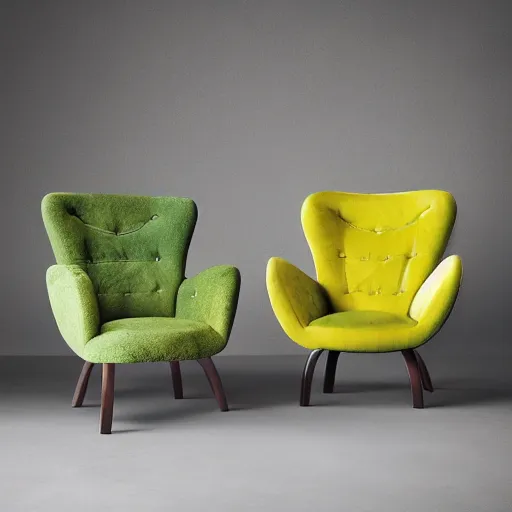 Image similar to an avacado chair, an armchair that looks like an avacado with green leather and seed yolk, award winning design, studio lighting, advanced photography, beautifully lit