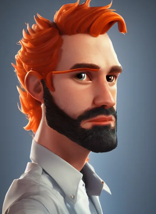 Prompt: glowwave portrait of curly orange hair man as a agent, au naturel, hyper detailed, digital art, trending in artstation, cinematic lighting, studio quality, smooth render, unreal engine 5 rendered, octane rendered, art style by pixar warner bros dreamworks disney riot games and overwatch