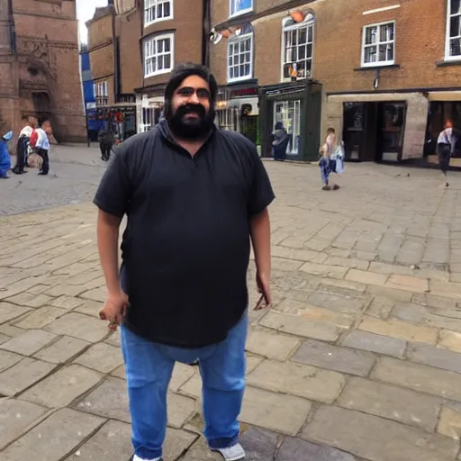 Prompt: fat hairy indian guy looking drunk in Cambridge UK city centre