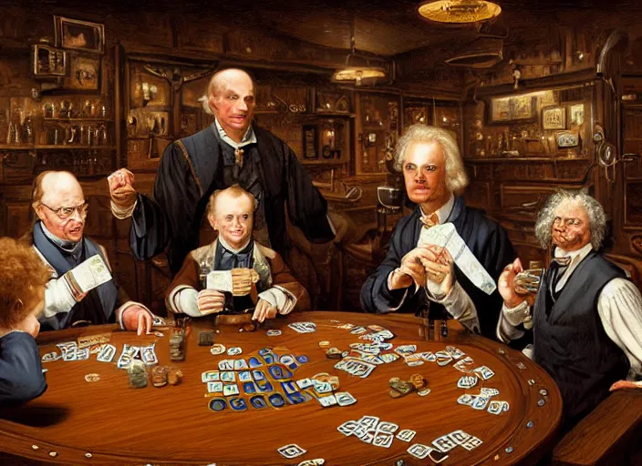 Image similar to family portrait of isaac newton and stephen hawkins and einstein playing poker in an old west saloon, intricate, elegant, highly detailed, centered, digital painting, artstation, concept art, smooth, sharp focus, illustration, art by todd lockwood and donato giancola and greg rutkowski